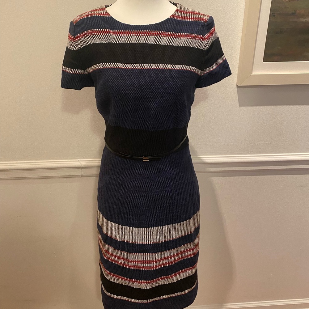Boss by Hugo Boss Striped Blue, white, black and Red Women's Dress with belt.